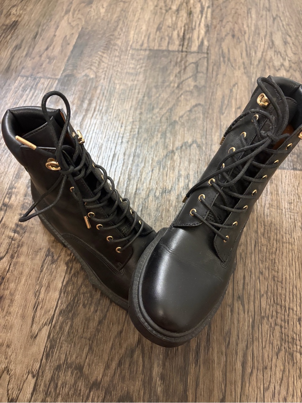 Coach Black Lace-Up Women's Combat Boots with Gold Hardware